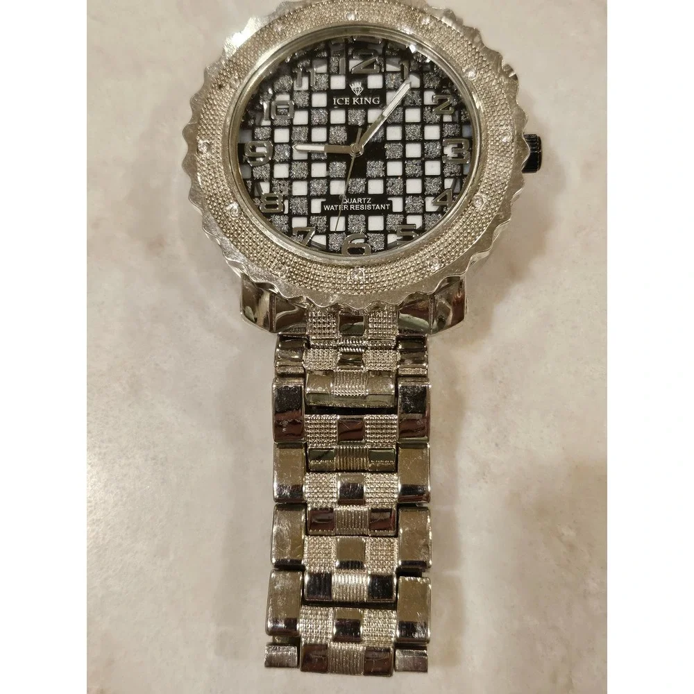 Ice King Quartz Watch Silver Tone Stainless Steel Checkered‎ Dial Mens